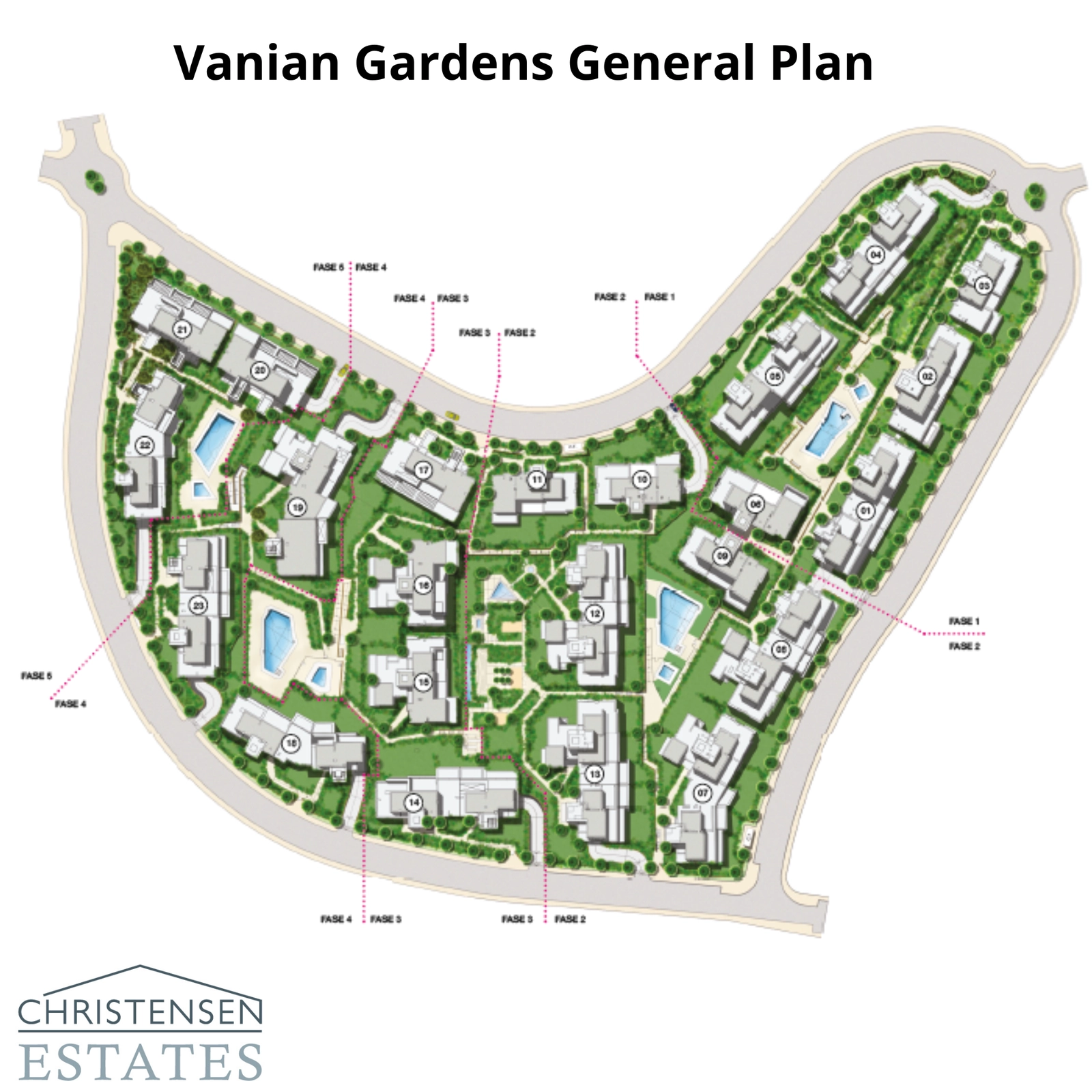 En oversigt over bebyggelsens layout, der viser de omfattende grønne områder, swimmingpools og placeringen af boligbygningerne.