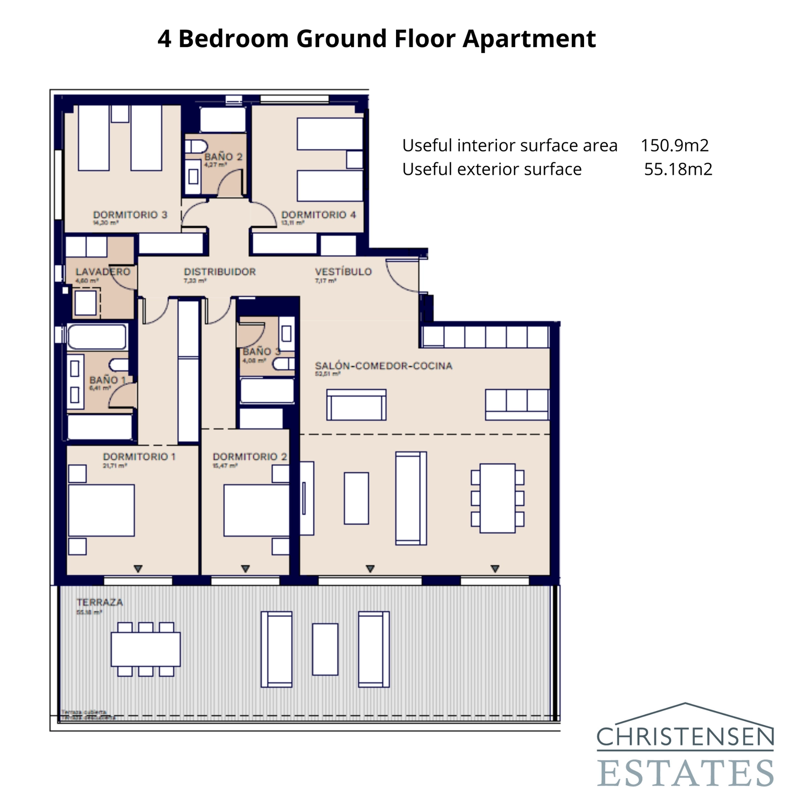 Et stort fireværelses hjem i stueetagen, perfekt planlagt for familiekomfort og underholdning.