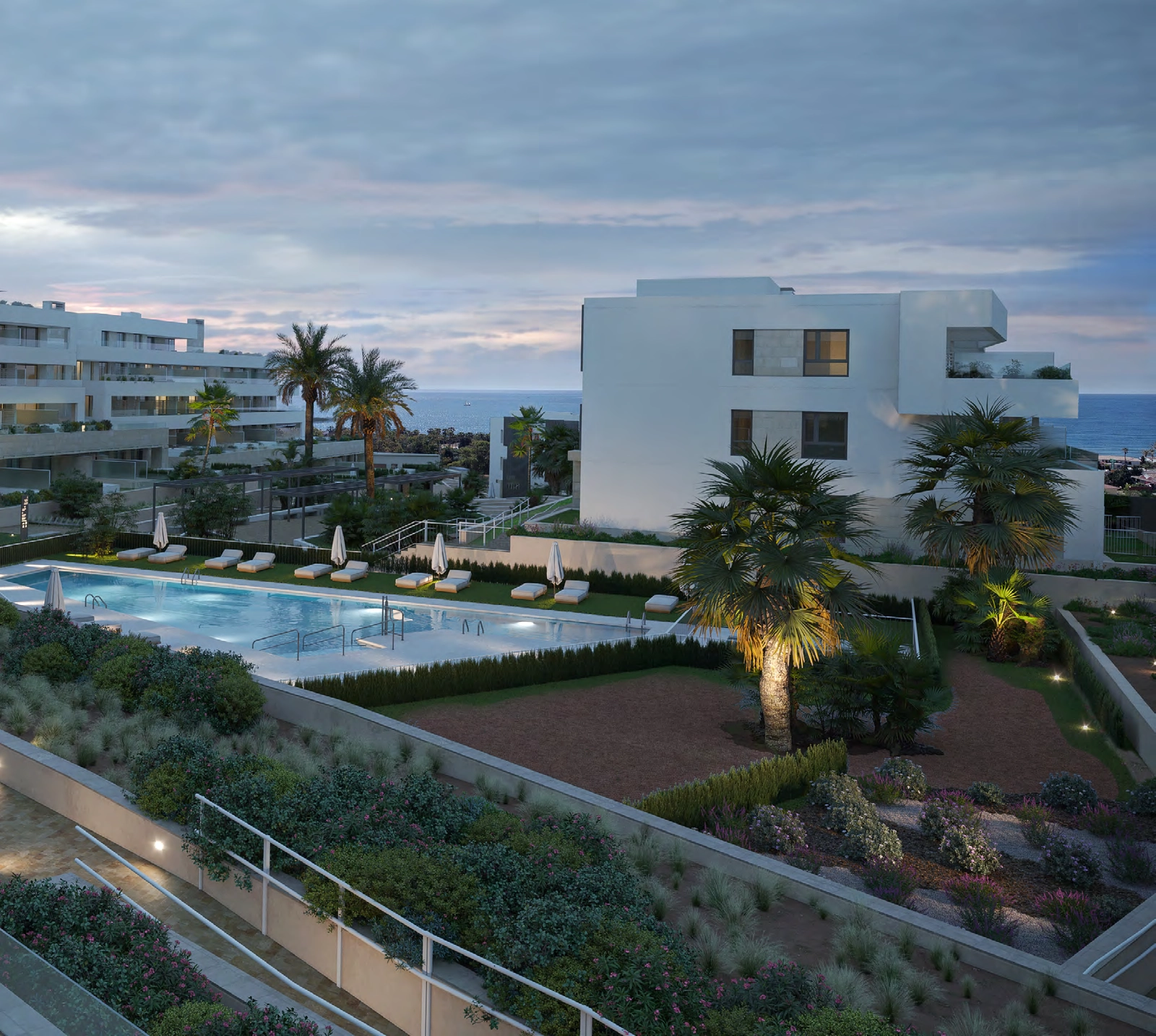 Når aftenen falder på, skaber bebyggelsens lysdesign en varm og eksklusiv stemning.