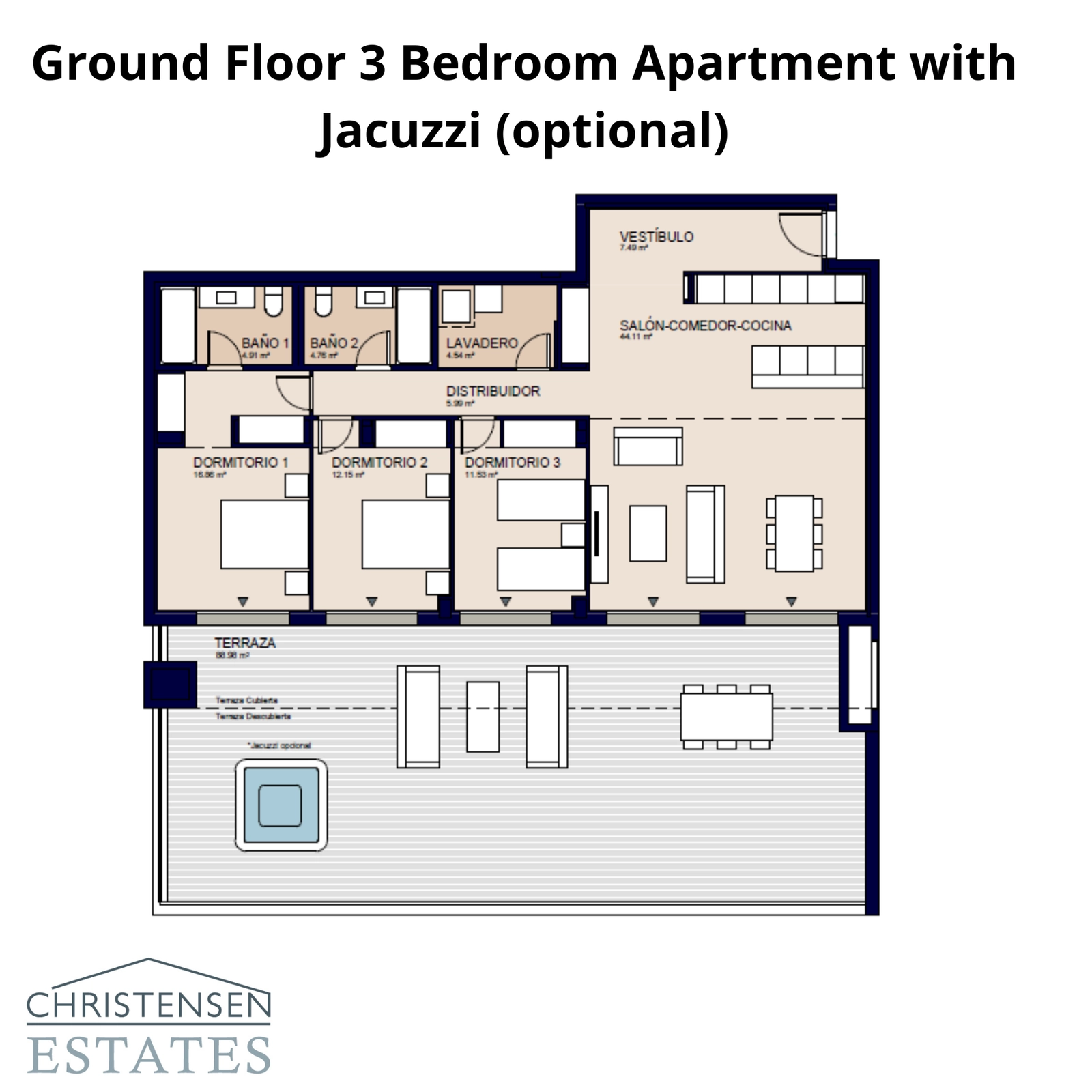 En rummelig treværelses stueetagebolig, der tilbyder en privat have og stor terrasse, med mulighed for et personligt jacuzzi.
