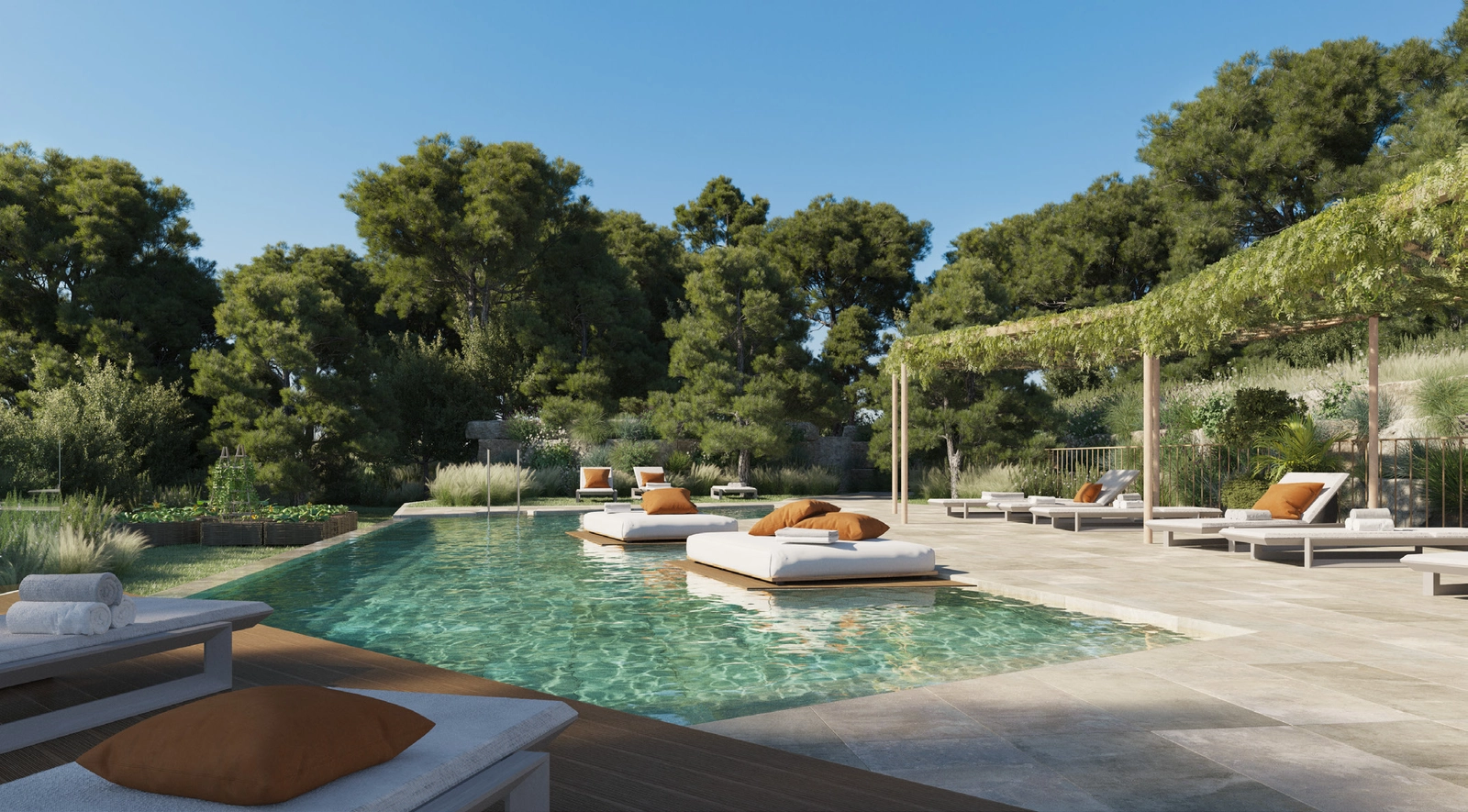 The communal pool area is a peaceful oasis, surrounded by lush greenery for ultimate tranquility.