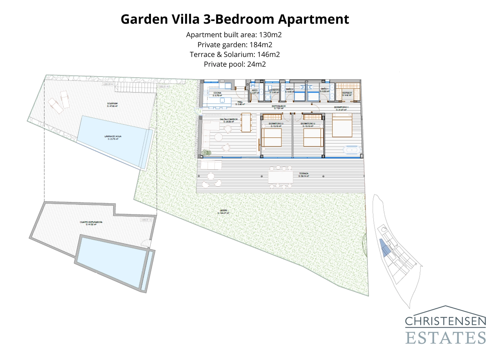 The Garden Villa layout is designed for seamless indoor-outdoor living, connecting spacious interiors with a large private garden and pool.