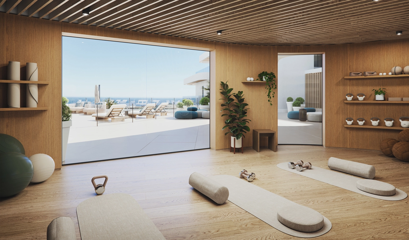 Energize your day in the gym and yoga room, surrounded by natural light and inspiring views of Mijas.