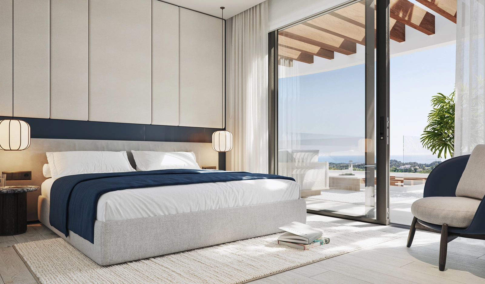 Peaceful master suite with soft light, open sea views, and total comfort.