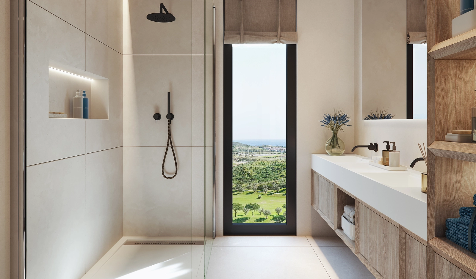Your bathroom offers a calm, spa-inspired space with soft light and relaxing views over the Cerrado de Aguila Golf Club.