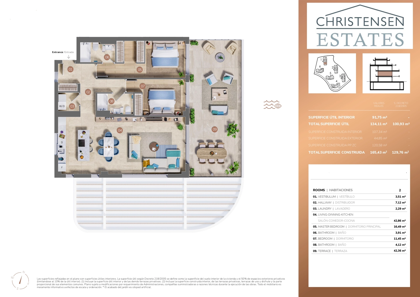This two-bedroom floor plan reveals a perfect balance of private retreats and social areas, with an expansive terrace for elevated living.