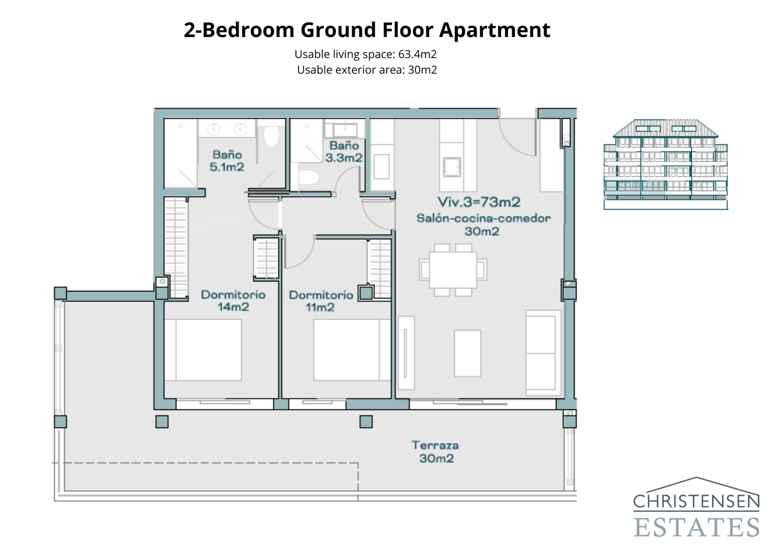 This two-bedroom ground floor layout features a spacious terrace, creating a perfect blend of indoor comfort and outdoor living.