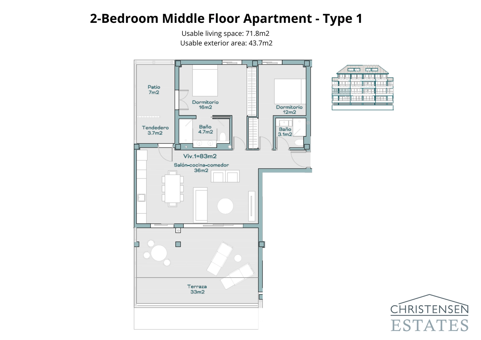 A well-designed two-bedroom floor plan showing a generous living area that flows onto a large terrace, ideal for enjoying the Mediterranean climate.