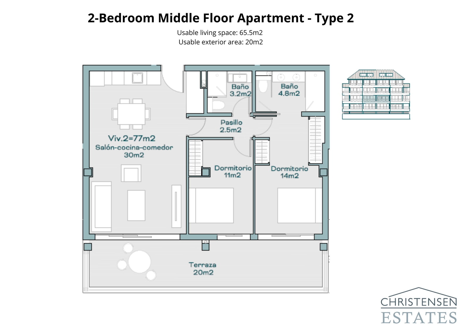 An efficient two-bedroom layout that maximizes space and light, with an open-plan living room and direct access to a private terrace.