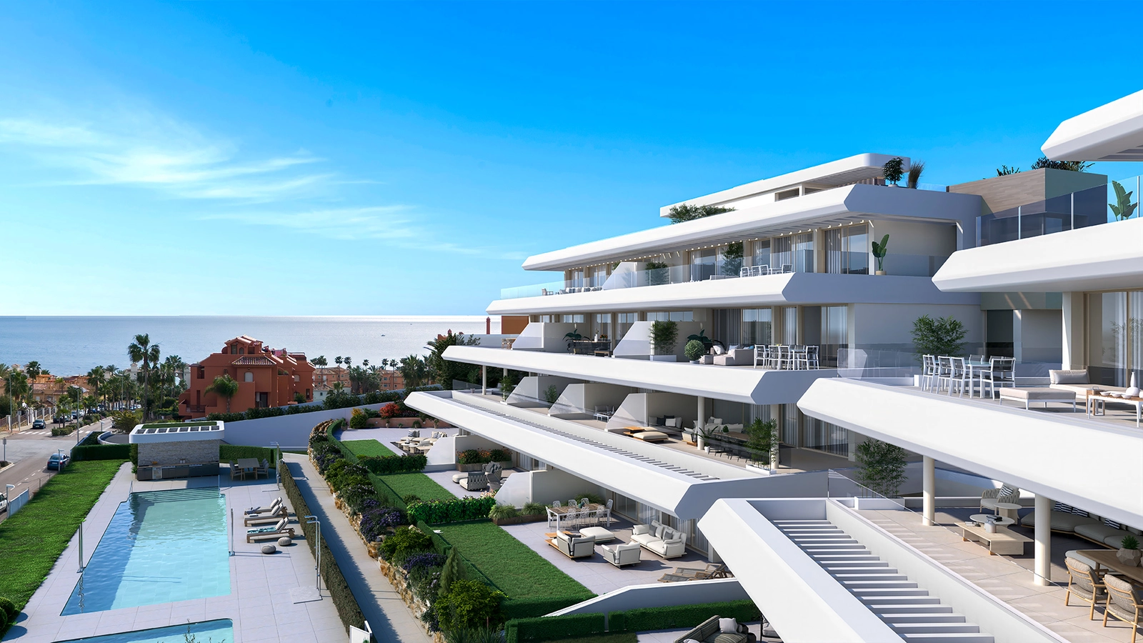 Spacious terraces offer stunning, uninterrupted views of the Mediterranean Sea.