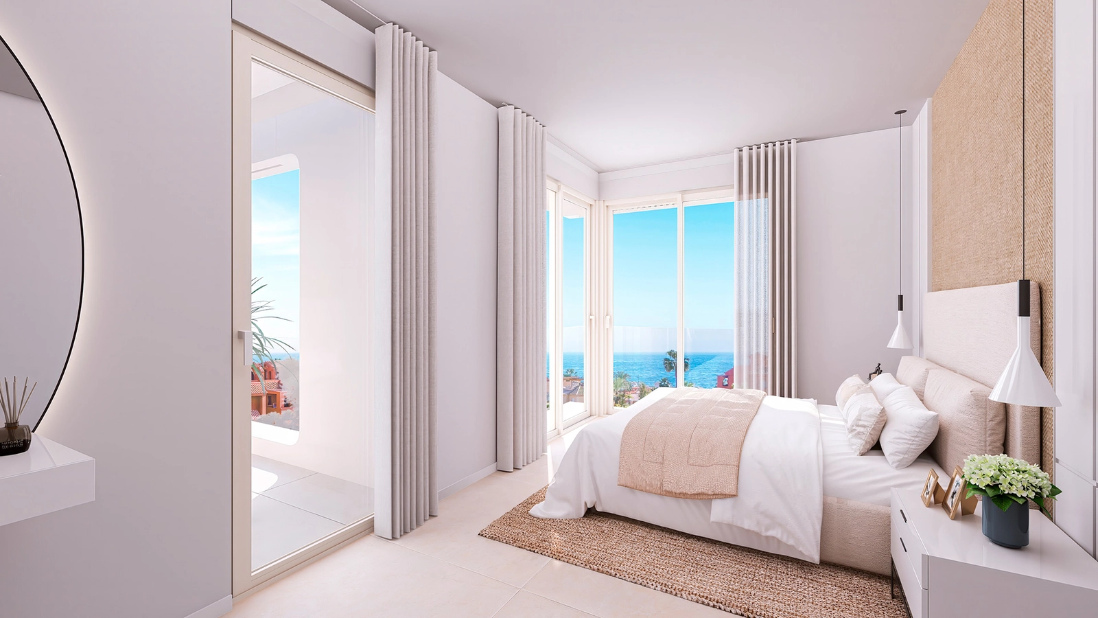 Modern kitchens are fully equipped and flow into the dining area, with the sea as your backdrop.
