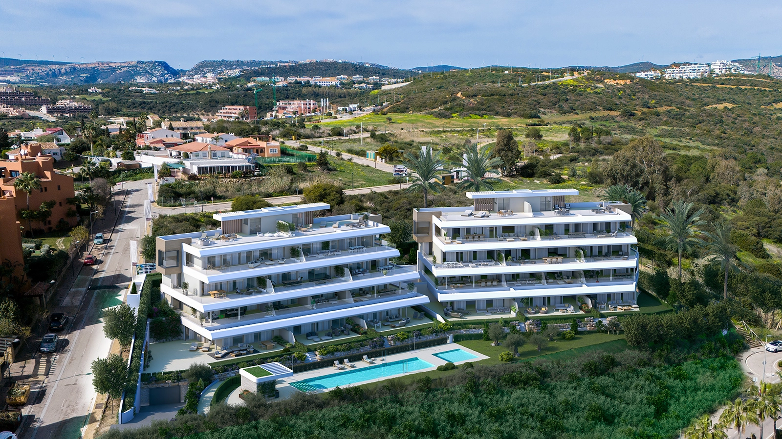 Contemporary architecture blends beautifully with the lush, landscaped gardens.