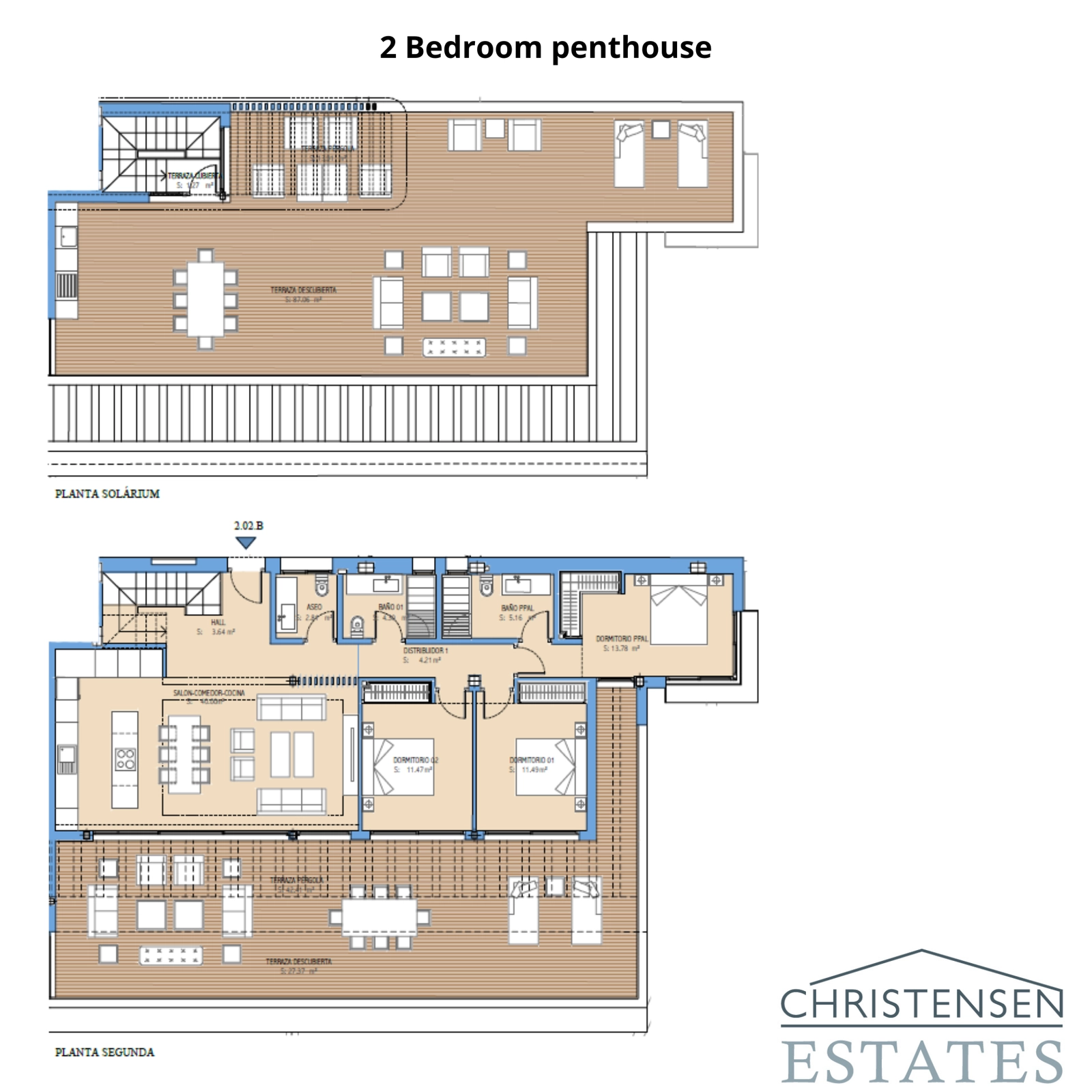The two-bedroom penthouse floor plan features a spacious rooftop solarium, perfect for private sunbathing and entertaining.