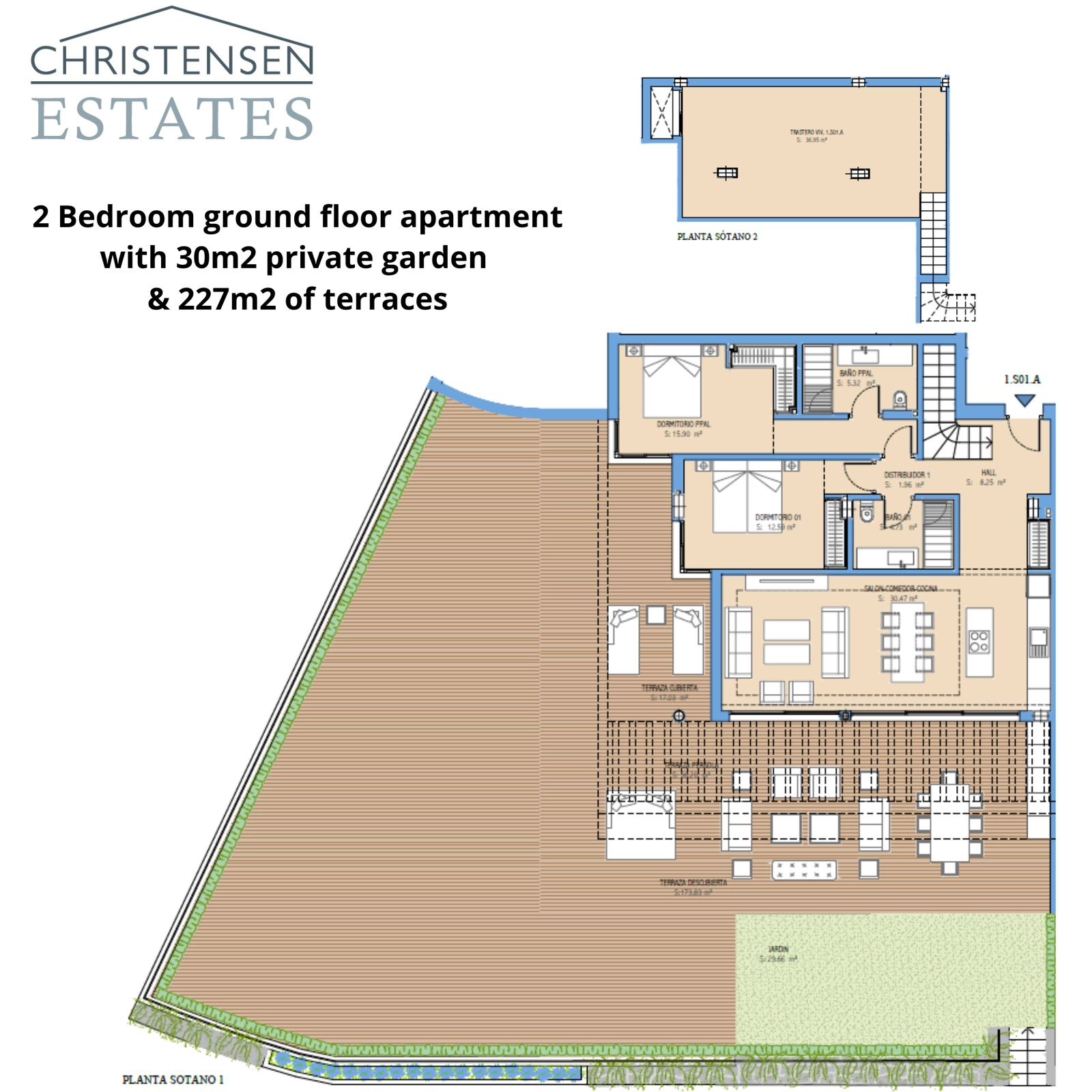 This spacious two-bedroom ground floor apartment features an exceptionally large terrace and private garden, extending your living space outdoors.