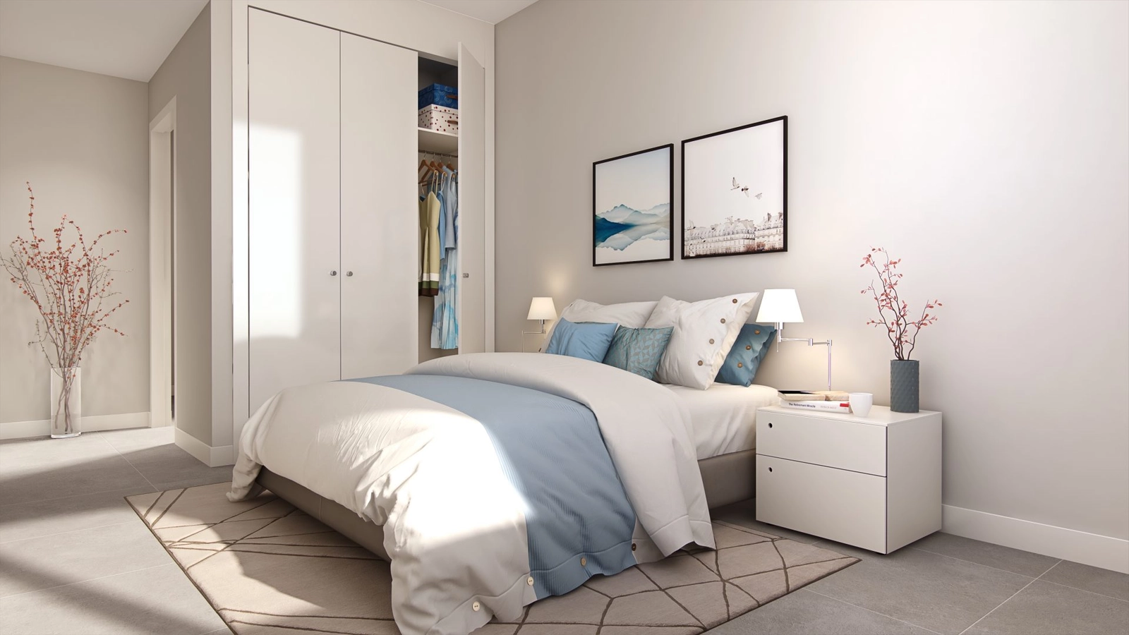 Comfortable bedrooms provide a peaceful retreat, designed with clean lines and ample storage.