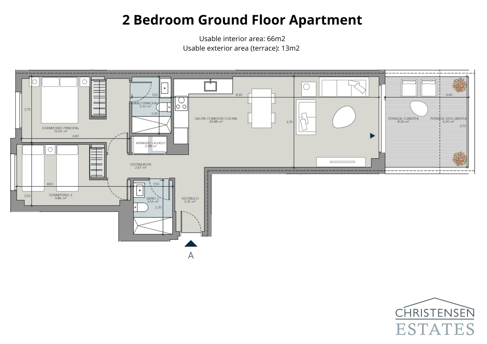 This two-bedroom ground floor layout features a generous terrace, extending the living space outdoors for a relaxed lifestyle.