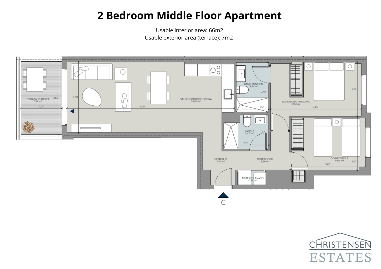 The middle floor two-bedroom design offers a smart layout that maximizes space and comfort, complete with a private terrace to enjoy the views.