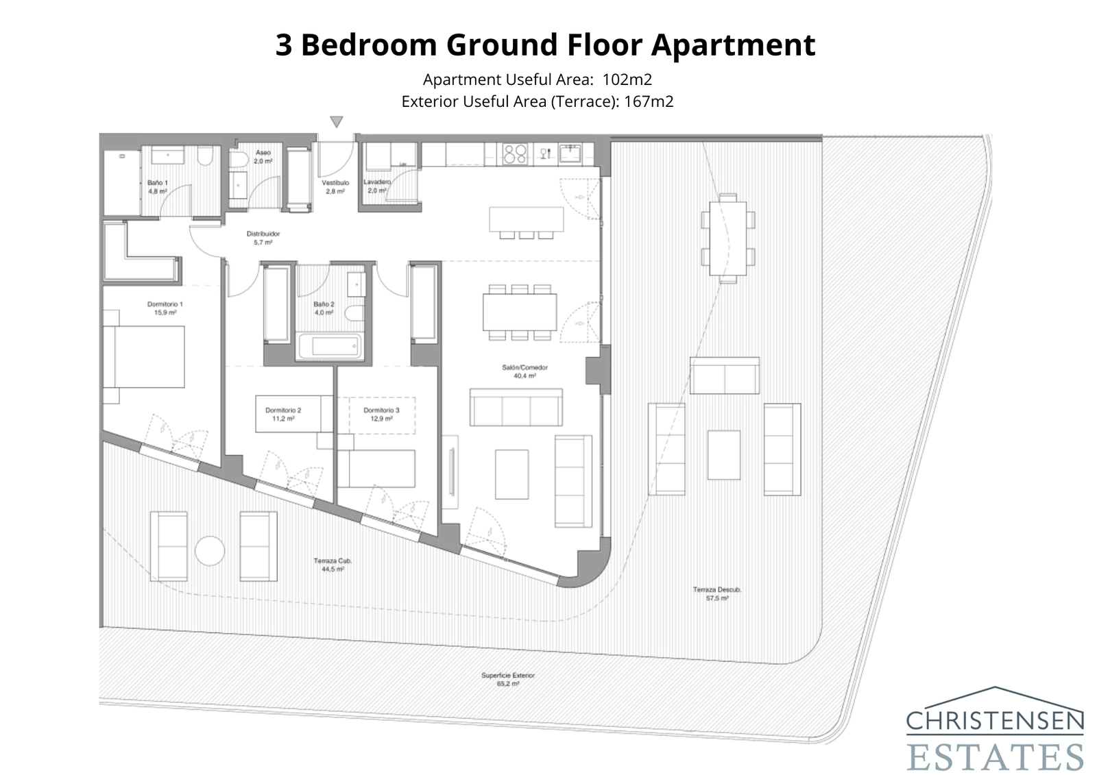 The spacious three-bedroom ground floor residence offers a generous terrace and private garden, perfect for family life and entertaining.