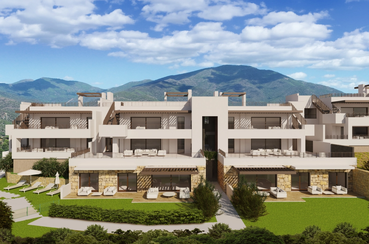 The clean lines of the building's facade, complemented by lush, landscaped garden areas for residents.