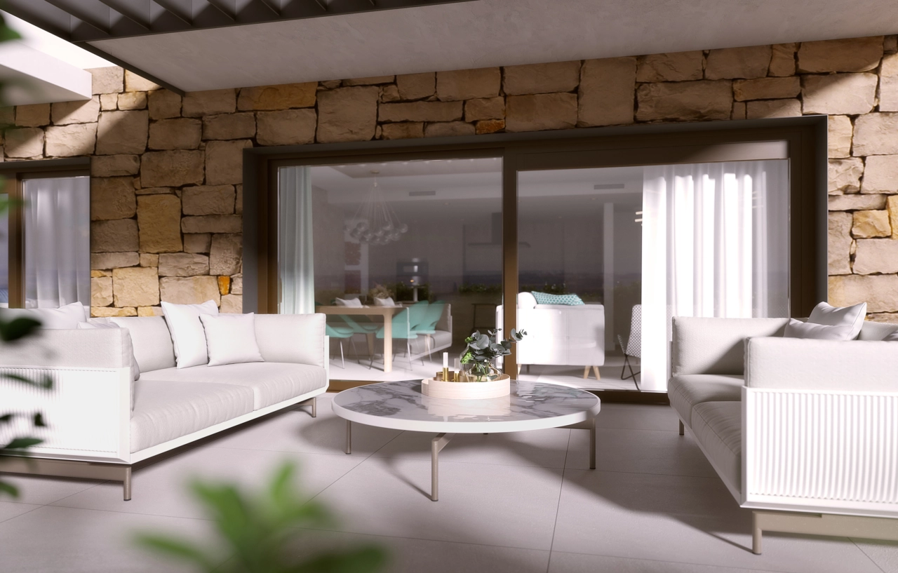 The natural stone walls add a rustic, warm touch to the modern design of the terraces.