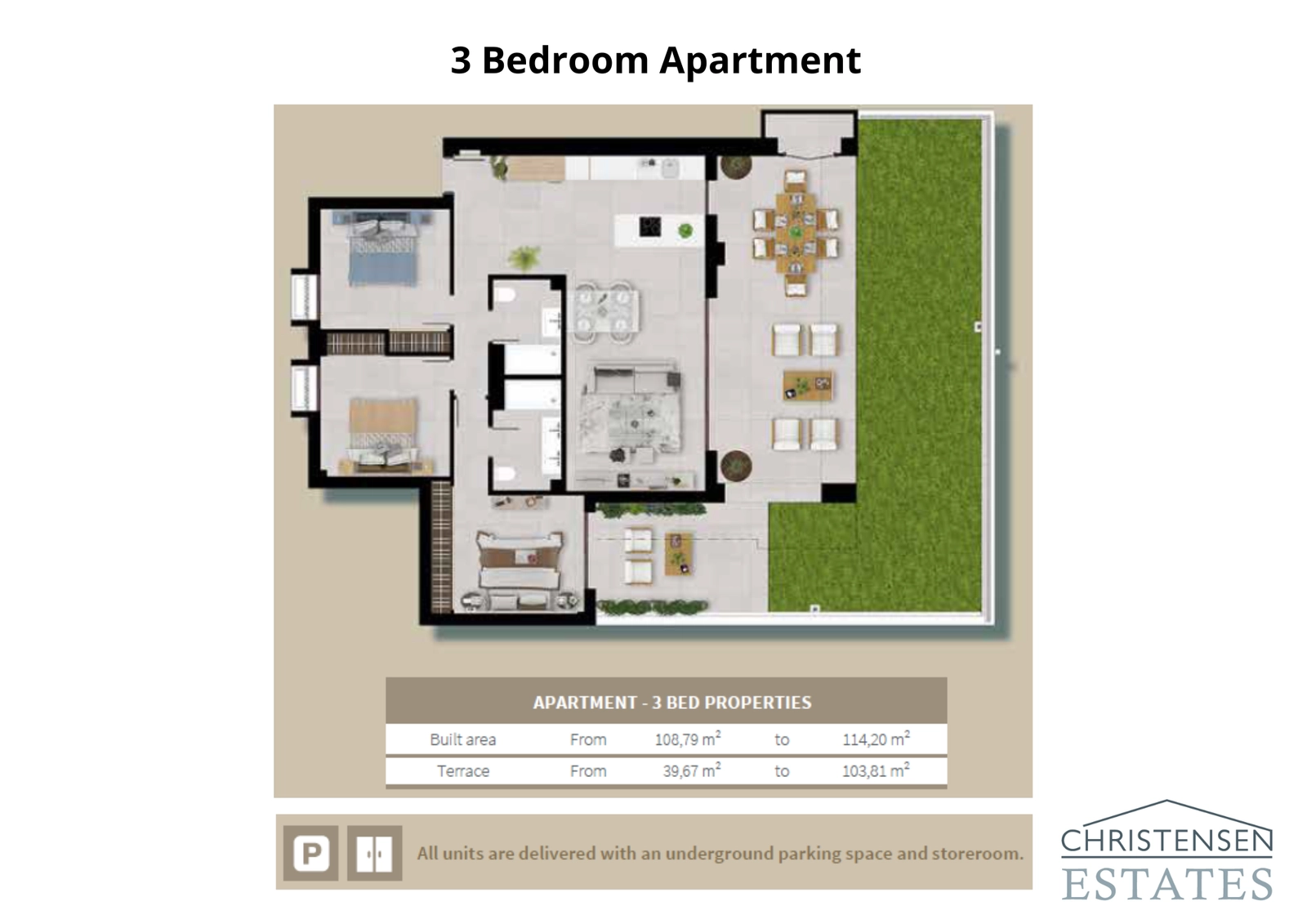 The floor plan for a three-bedroom apartment, showcasing a spacious open-plan living area that connects to a large terrace.