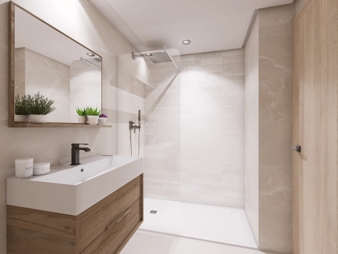 A stylish second bathroom, complete with a modern walk-in shower and elegant fittings.