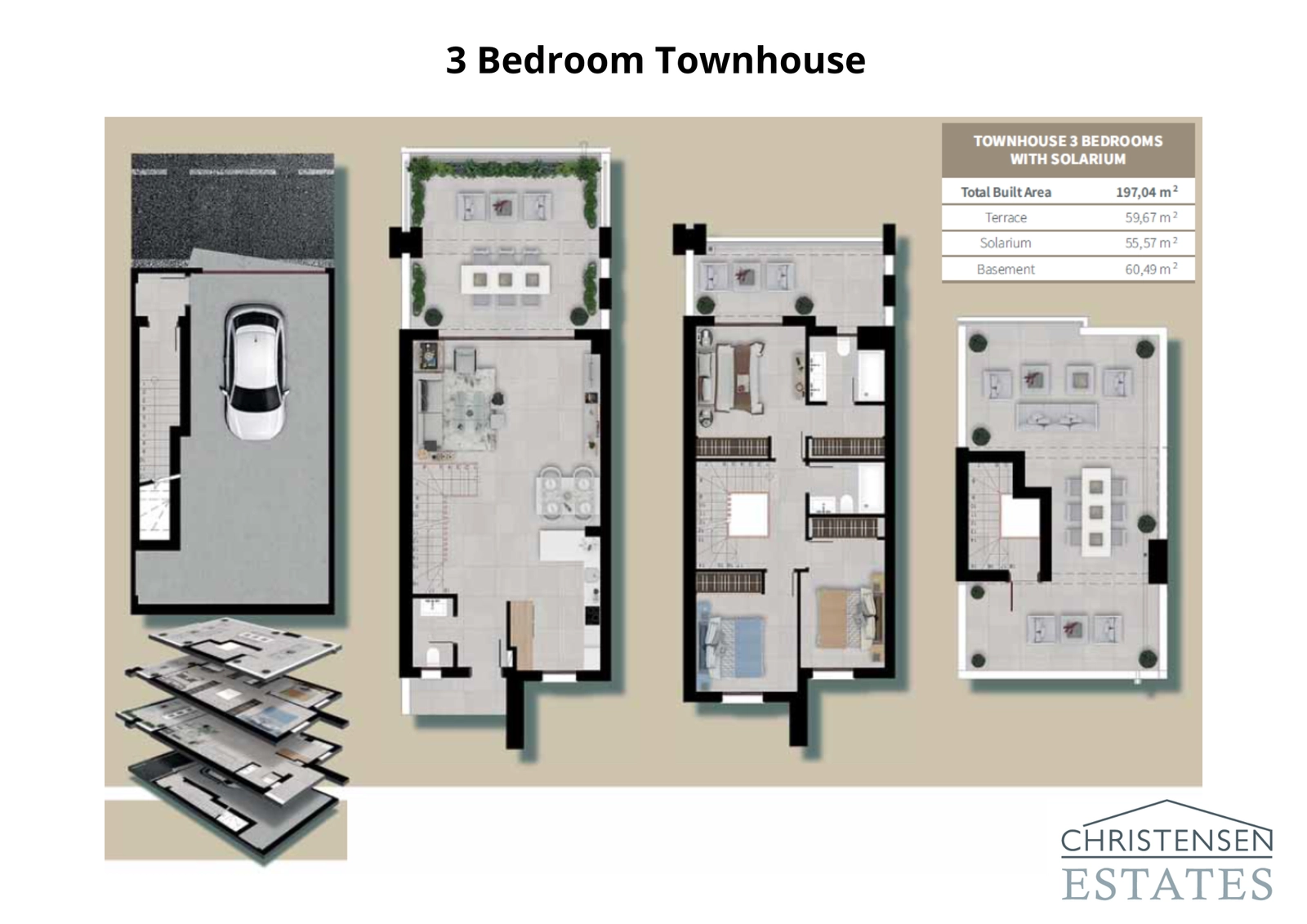 This floor plan illustrates the thoughtful layout of the 3-bedroom townhouses, with a basement garage, open-plan living area, private bedrooms, and a spacious rooftop solarium.