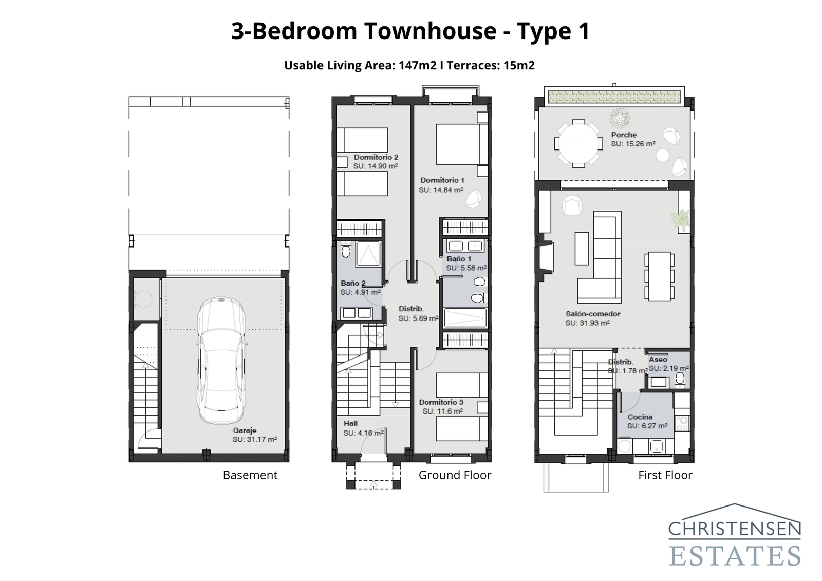 This three-level layout shows a functional design with a private basement garage, three spacious bedrooms on the ground floor, and a bright, open-plan living area on the first floor leading to a porch.