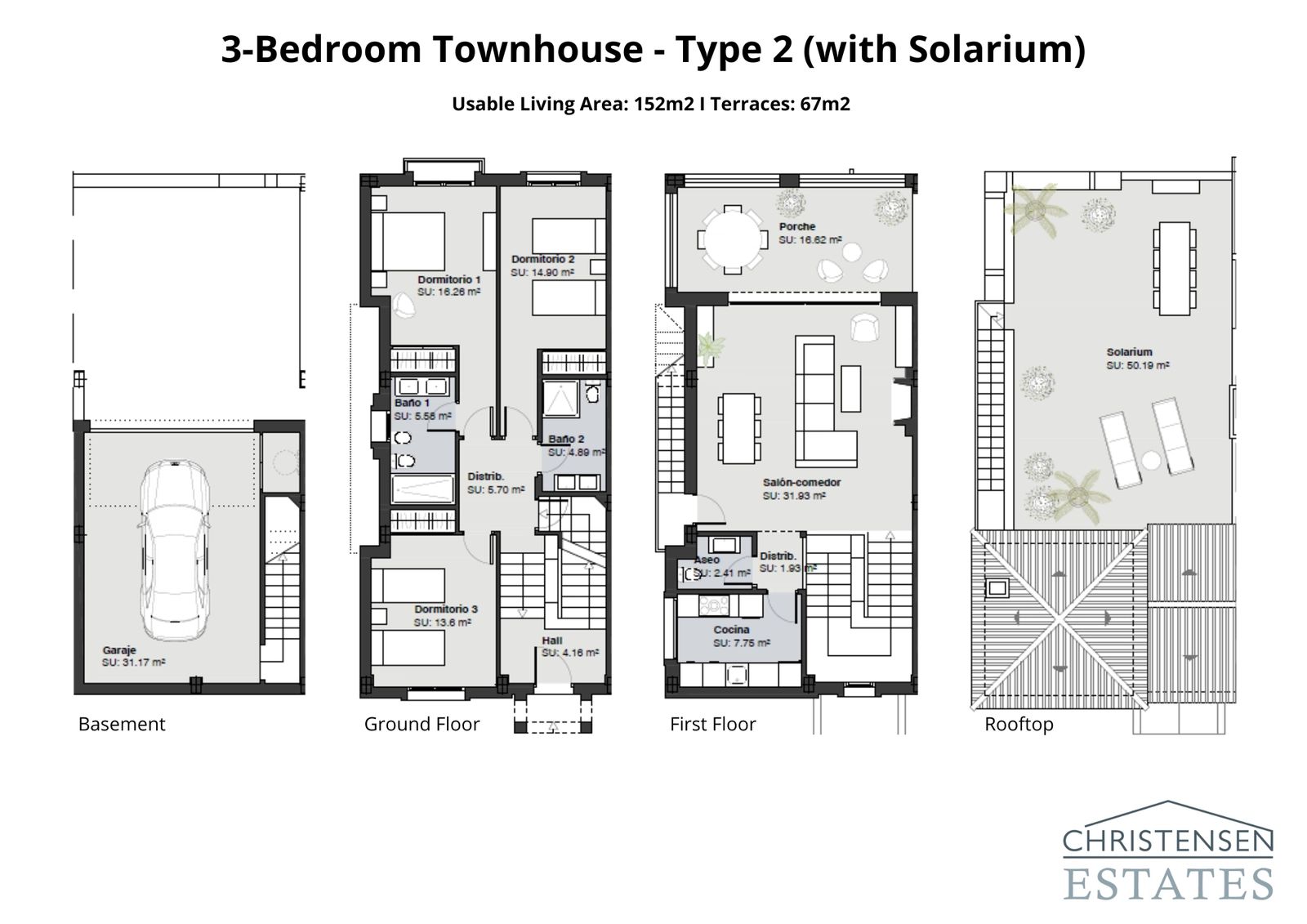 An excellent four-level home layout, including a basement garage, three bedrooms, an open living area, and a large rooftop solarium, perfect for enjoying the sun and views.