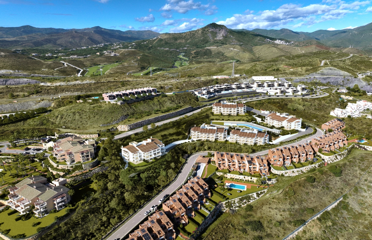 A view of the development nestled in the hills of Benahavís, surrounded by nature and beautiful mountain scenery.