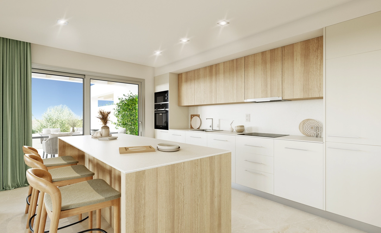 The modern, fully equipped kitchen with a central island opens to the living area, perfect for social cooking.