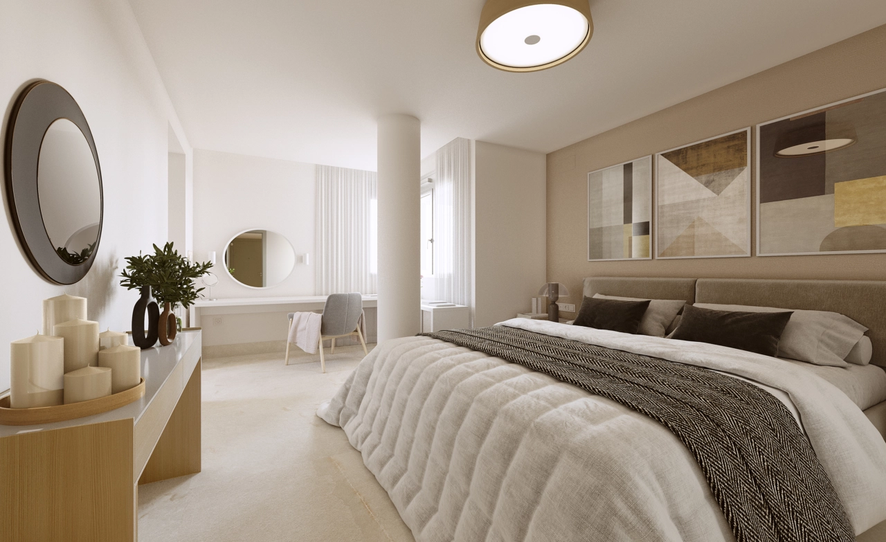 A serene and spacious master bedroom designed for rest and relaxation, with ample natural light.
