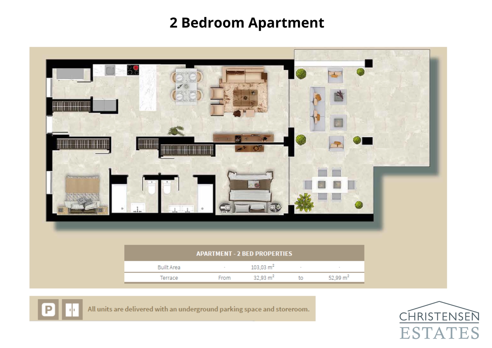 Two-bedroom apartment plan. The layout cleverly separates the living and sleeping areas for maximum comfort and privacy, with a large terrace that extends the main living space.