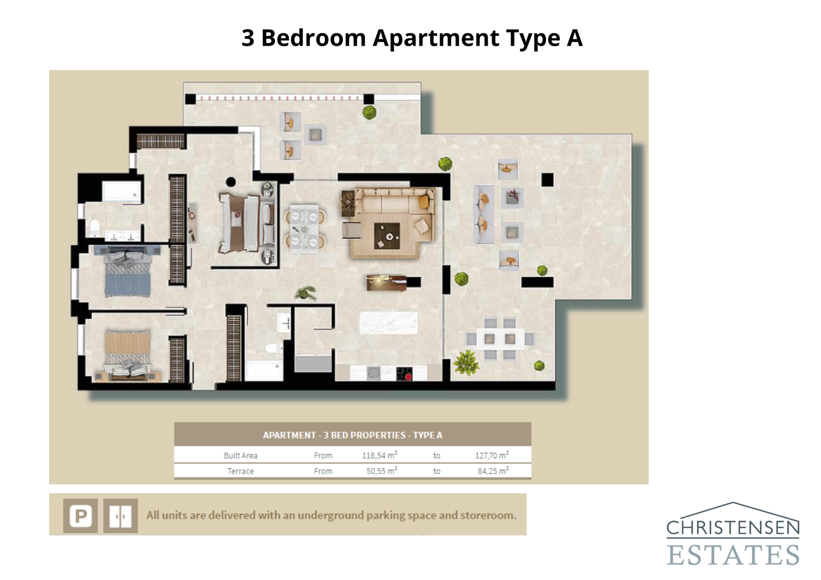 Three-bedroom apartment plan (Type A). This spacious design features an open-plan living area and three well-proportioned bedrooms, flowing onto an expansive terrace for perfect indoor-outdoor living.