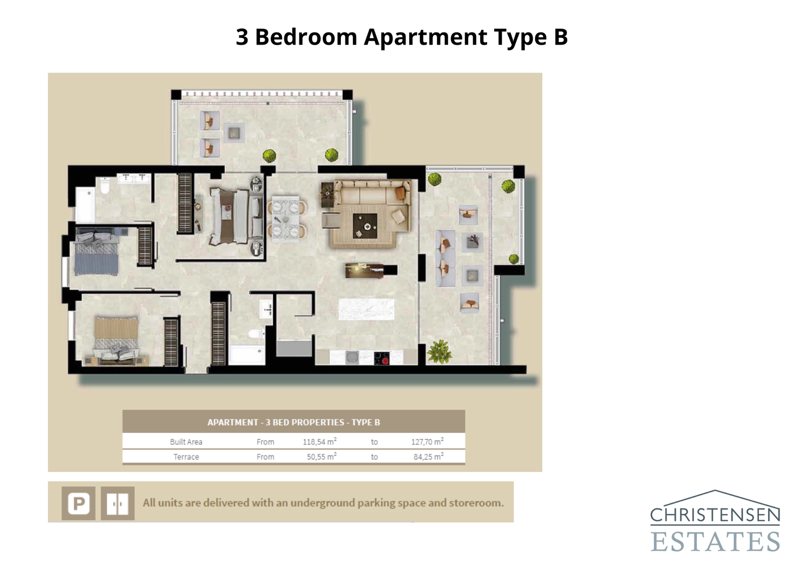 Three-bedroom apartment plan (Type B). This layout offers a superb distribution of space, with generous living areas and bedrooms, all designed to connect with the large outdoor terraces.