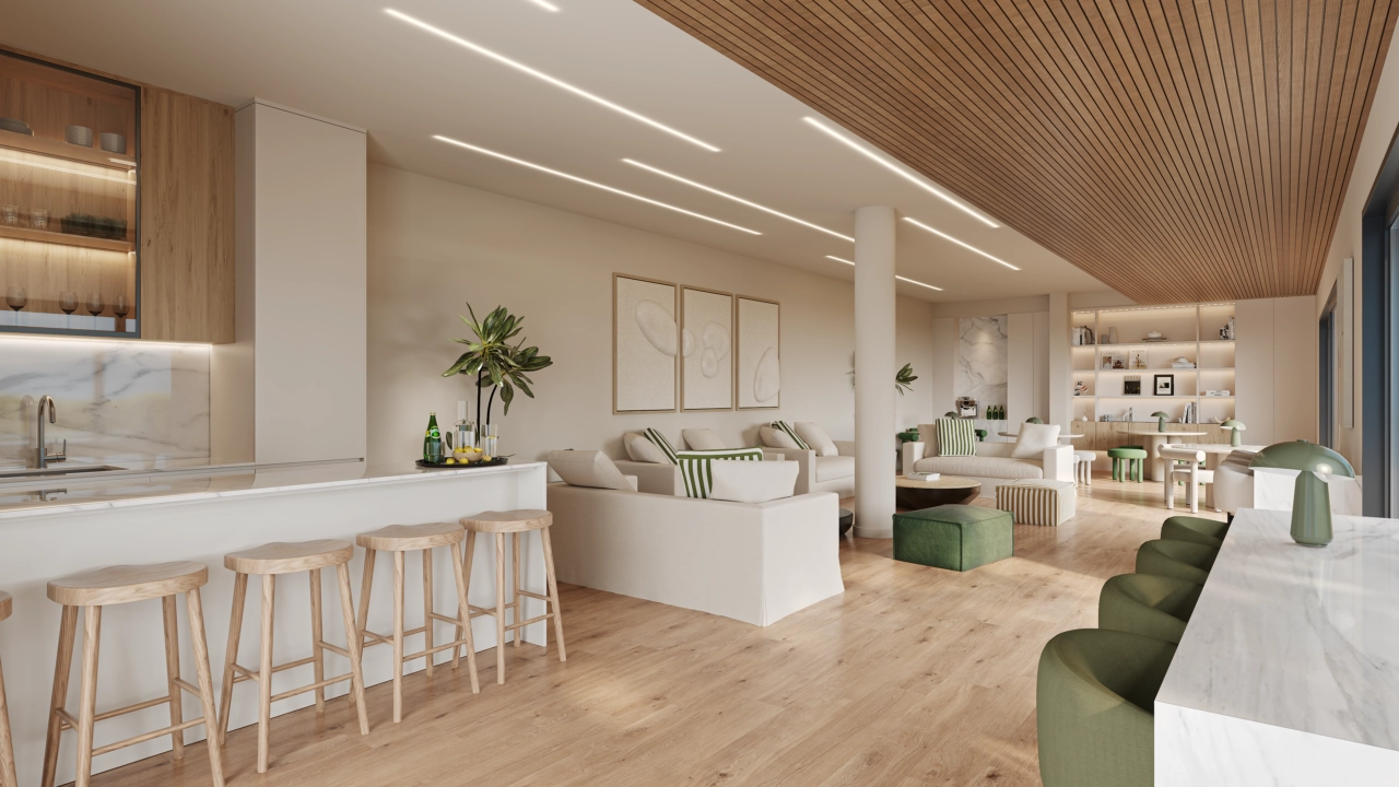A versatile communal living area, perfect for co-working, socialising with neighbours, or hosting events.