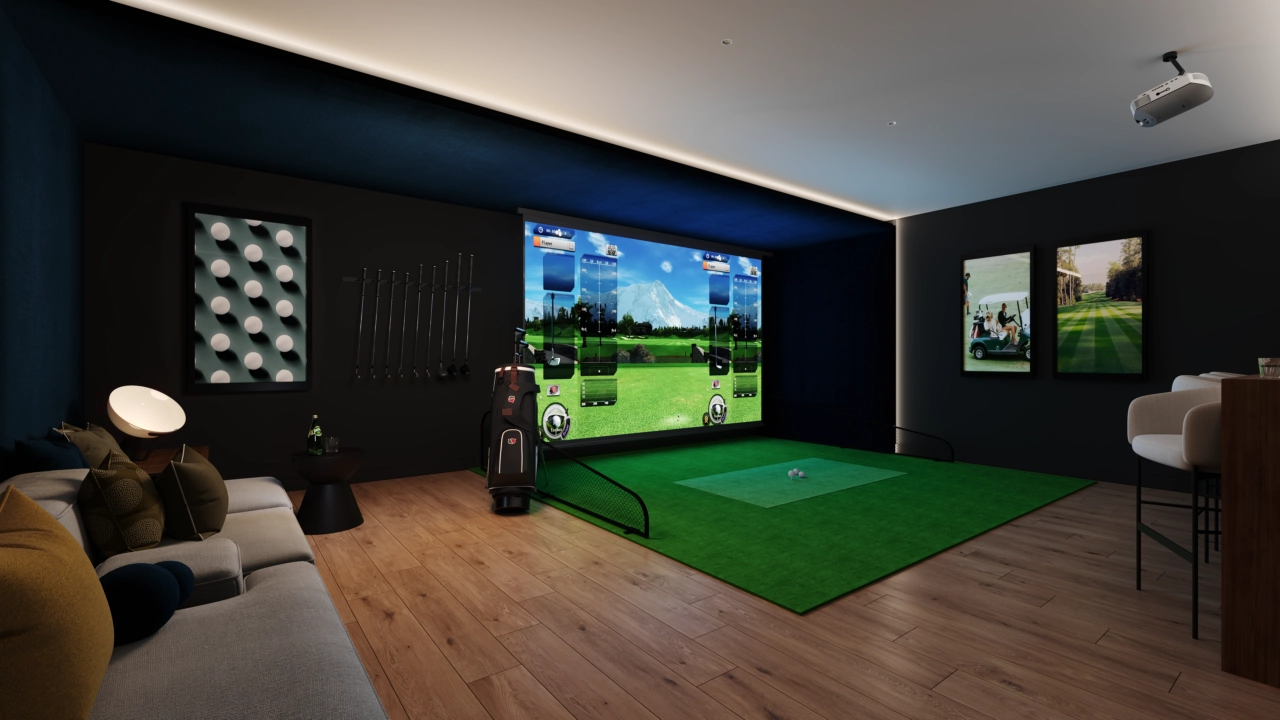 Practice your swing year-round in the indoor golf simulator, a unique amenity for residents.