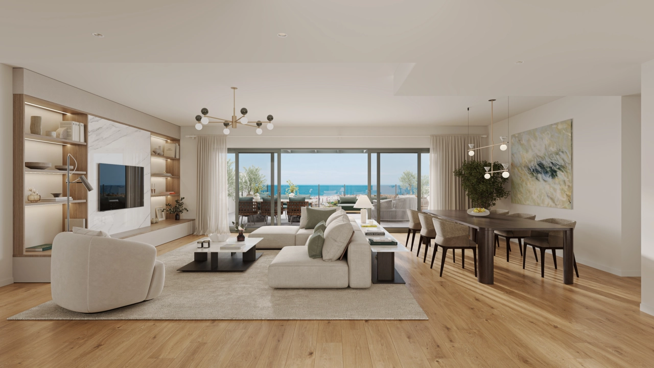 A bright and spacious living area that opens directly onto the terrace, seamlessly blending indoor and outdoor living.