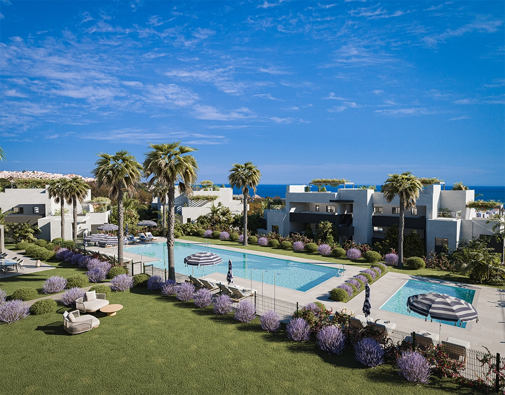 The stunning communal swimming pools are surrounded by beautiful gardens, creating a peaceful oasis for residents.