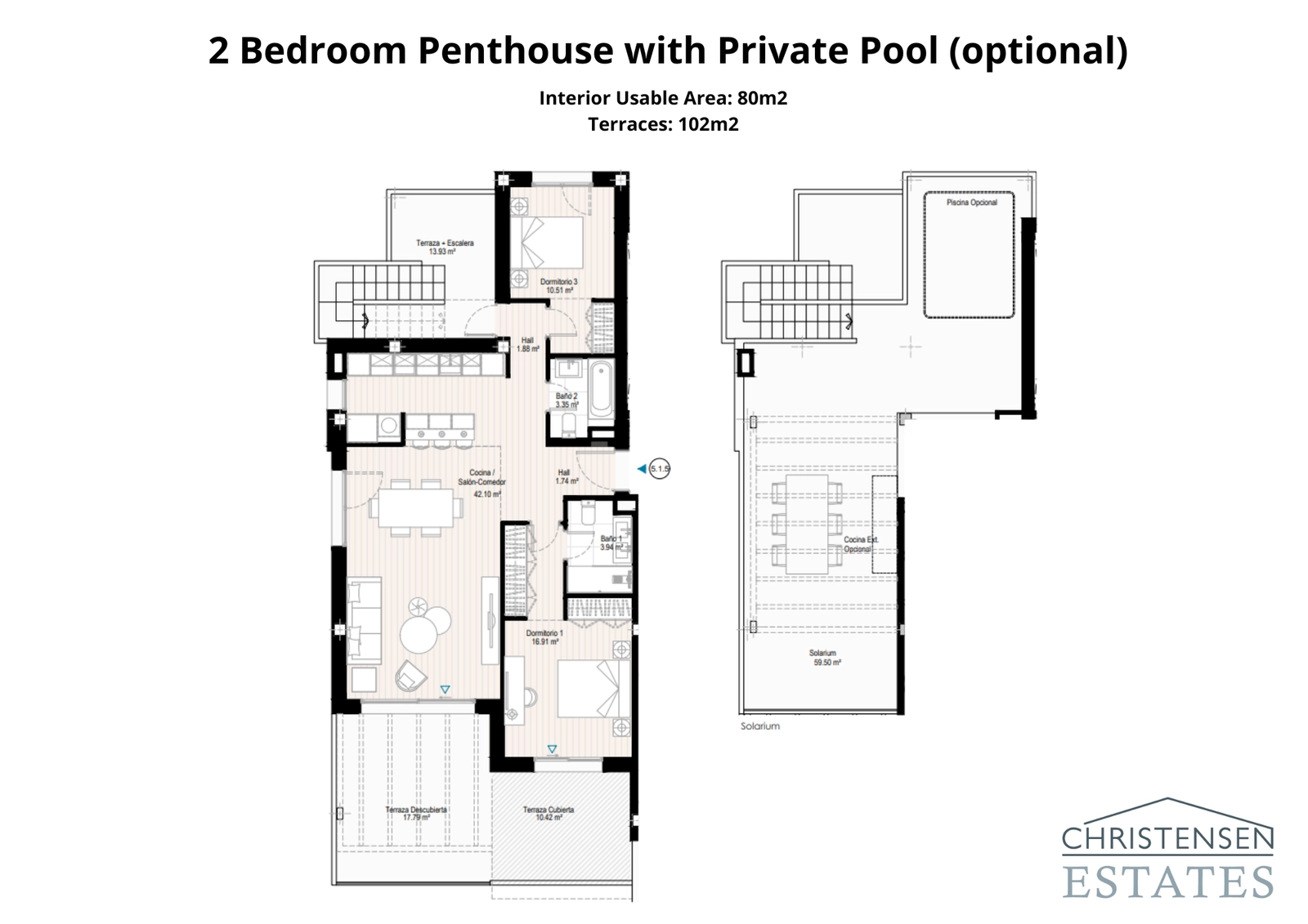 This two-bedroom penthouse floor plan highlights the expansive terraces and rooftop solarium, designed to maximise the stunning sea views and outdoor living.