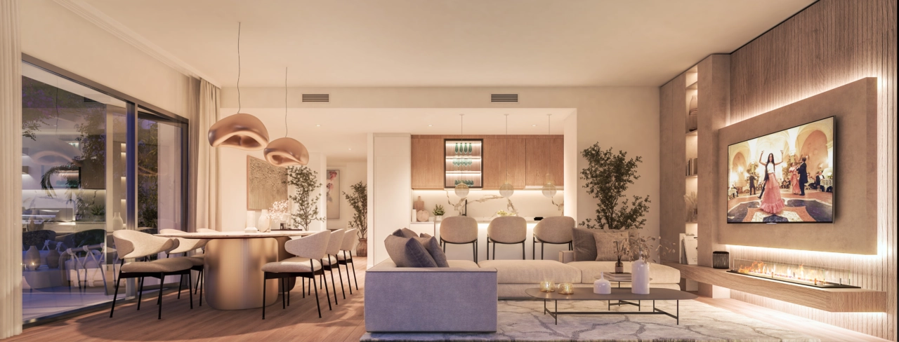 The living area in the evening, a warm and inviting space for comfort and relaxation.