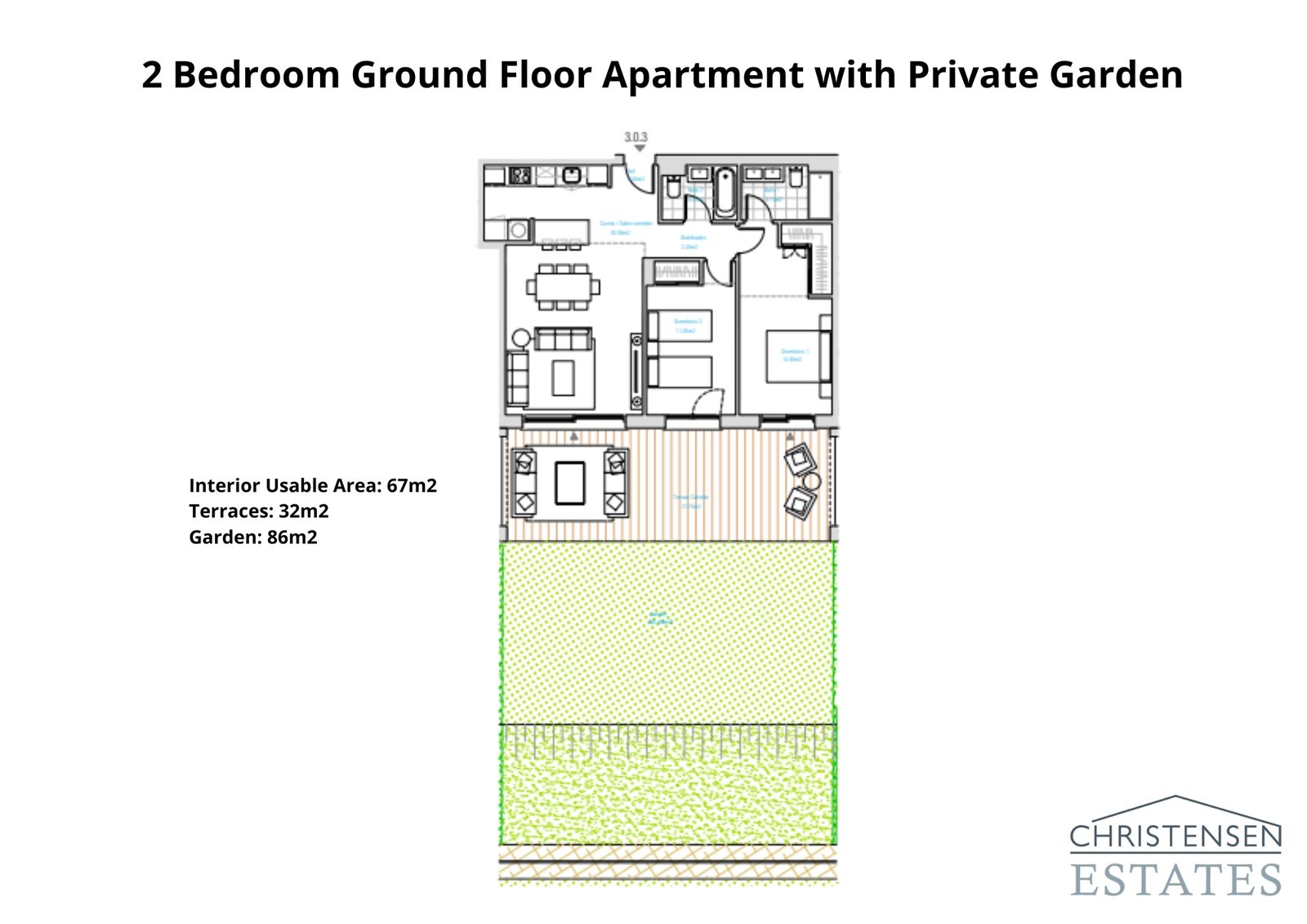 This two-bedroom ground floor layout connects a bright interior with a large terrace and private garden, perfect for indoor-outdoor living.