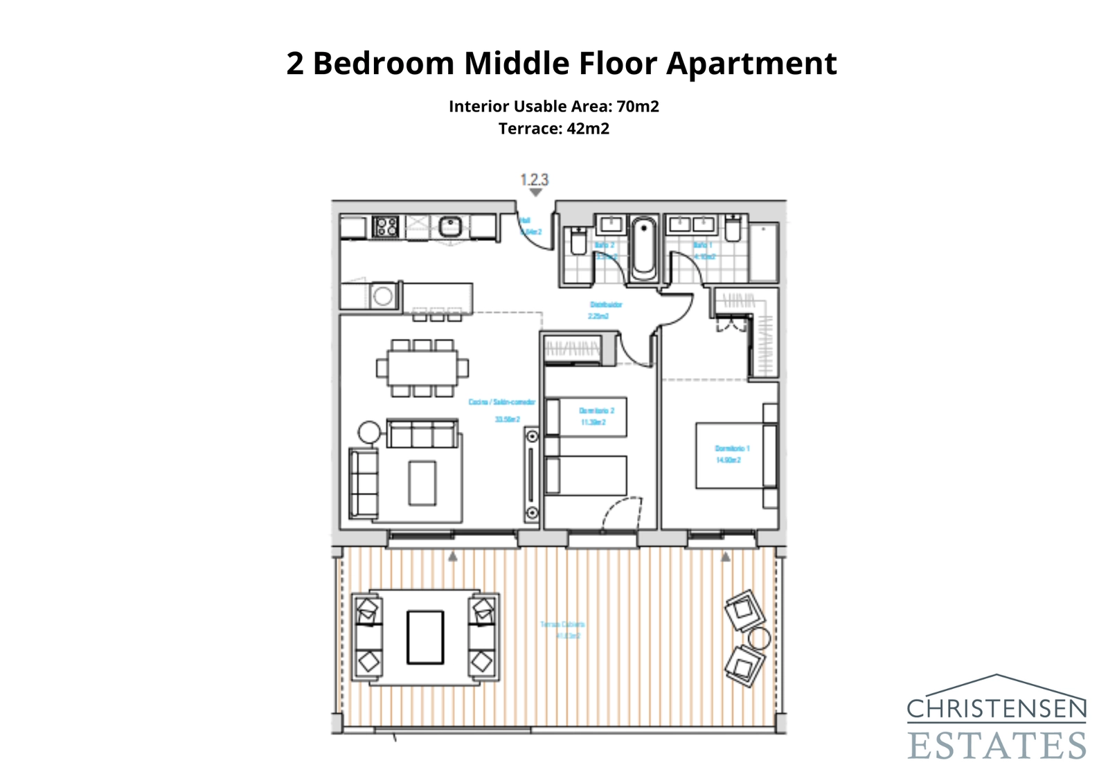 An intelligently designed two-bedroom apartment featuring an open-plan living area that extends onto a generous terrace.