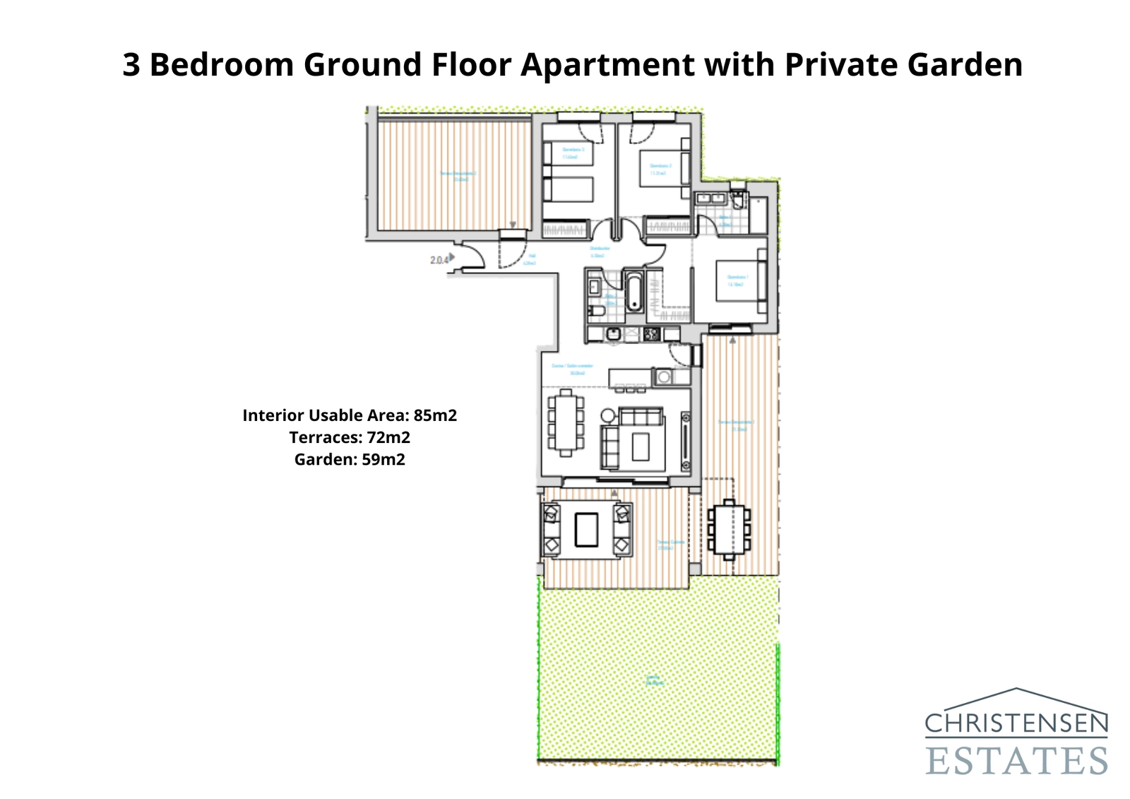 The spacious three-bedroom ground floor plan offers ample living space, a large private garden, and multiple terraces for family enjoyment.