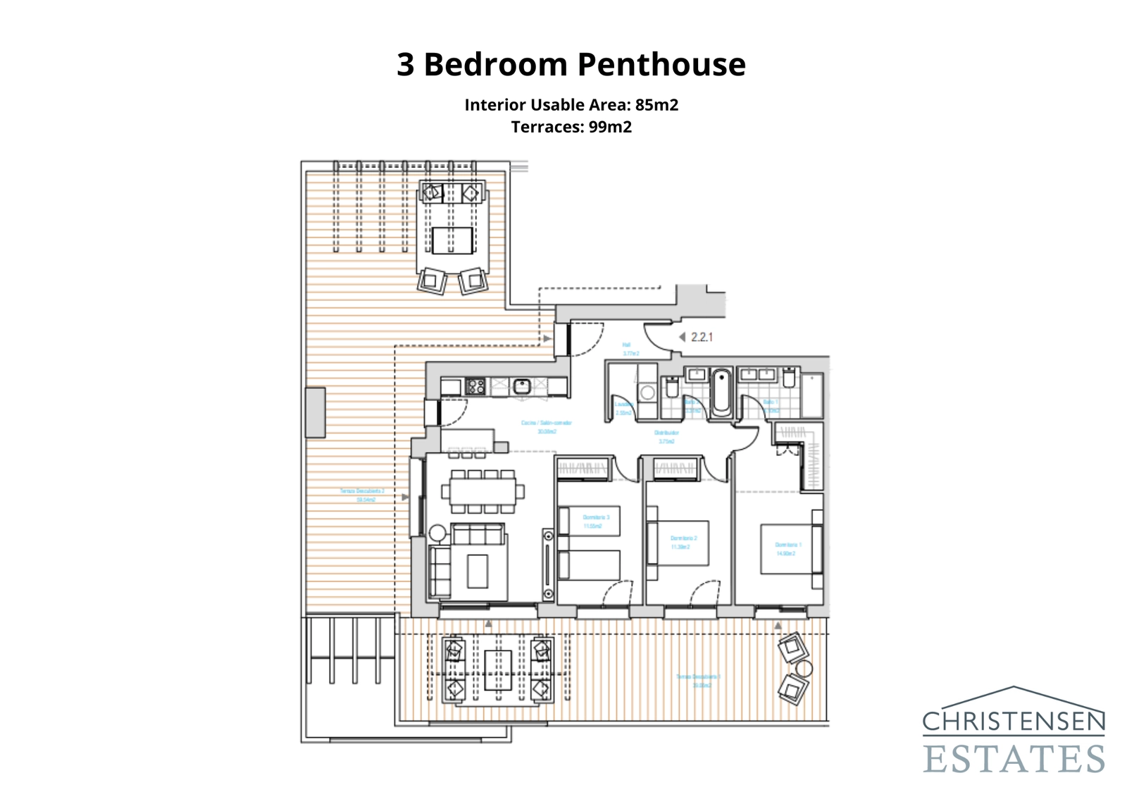 This exceptional three-bedroom penthouse design includes expansive wrap-around terraces to maximize the stunning sea and golf views.