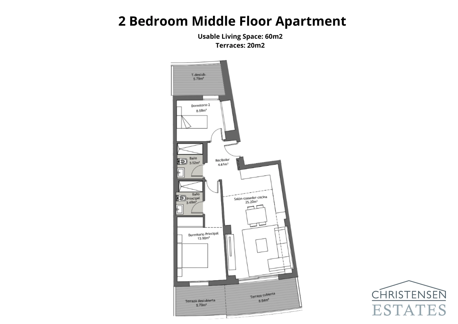 The layout for a two-bedroom apartment, showing a practical design that separates the sleeping areas from the open-plan living room and kitchen, which flows onto a private terrace.