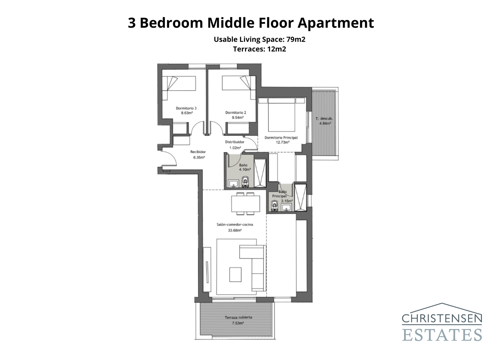 This three-bedroom floor plan features a spacious living and dining area connected to an outdoor terrace, with a well-defined master suite for added privacy and comfort.
