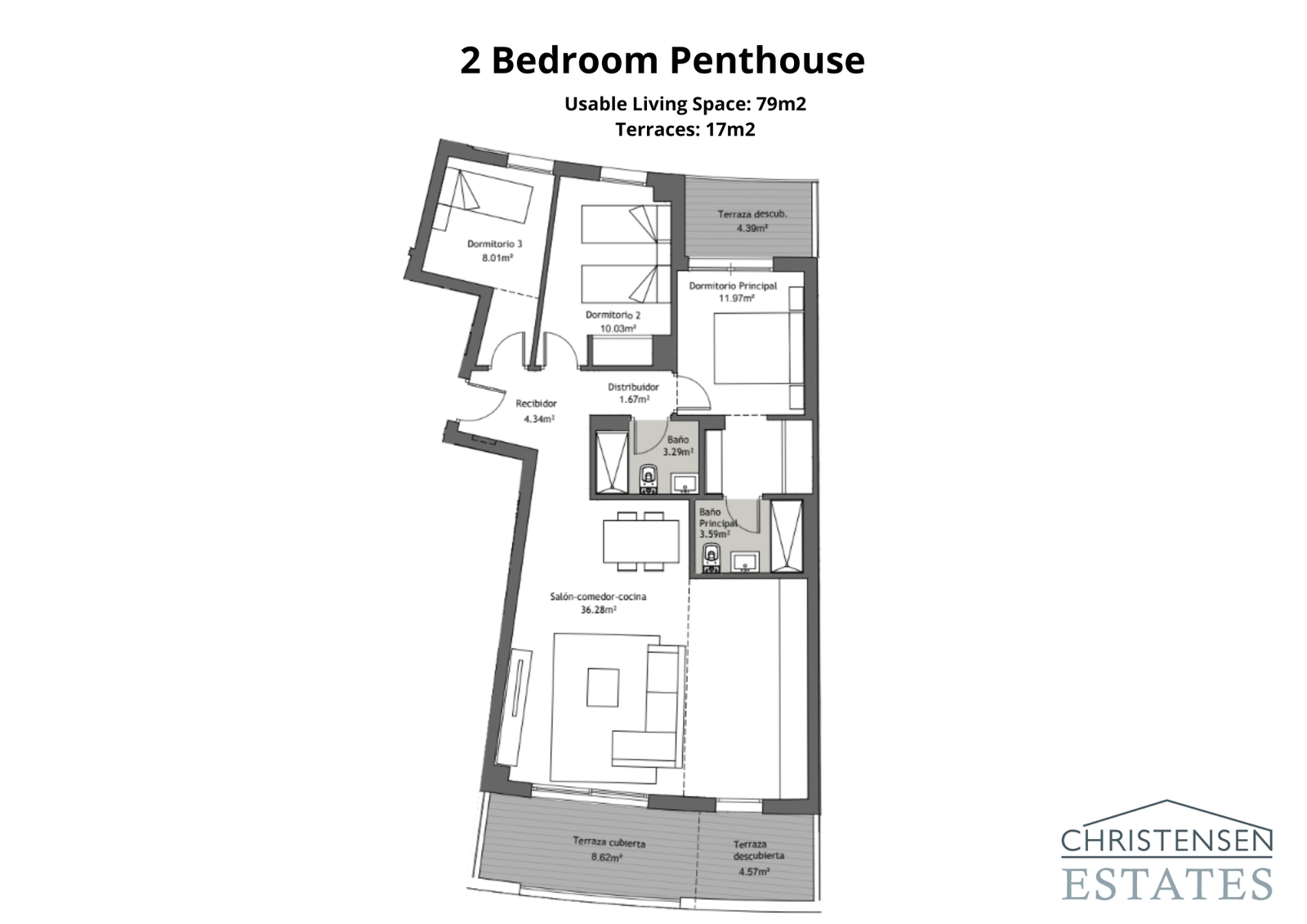 A two-bedroom penthouse layout designed for a premium lifestyle, with generous living spaces and multiple terraces to enjoy the pleasant climate of the Costa del Sol.