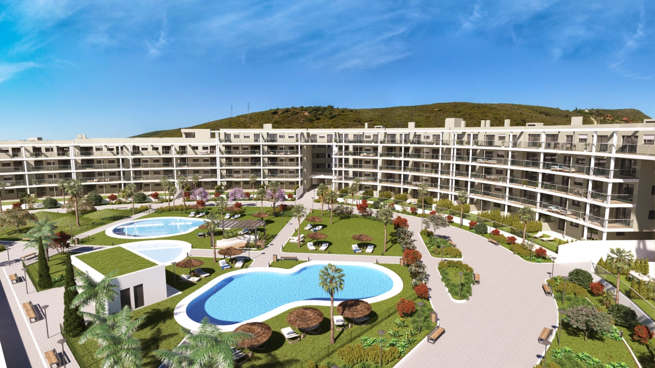 An overview of the development's stunning communal areas, featuring multiple pools and sunbathing decks.