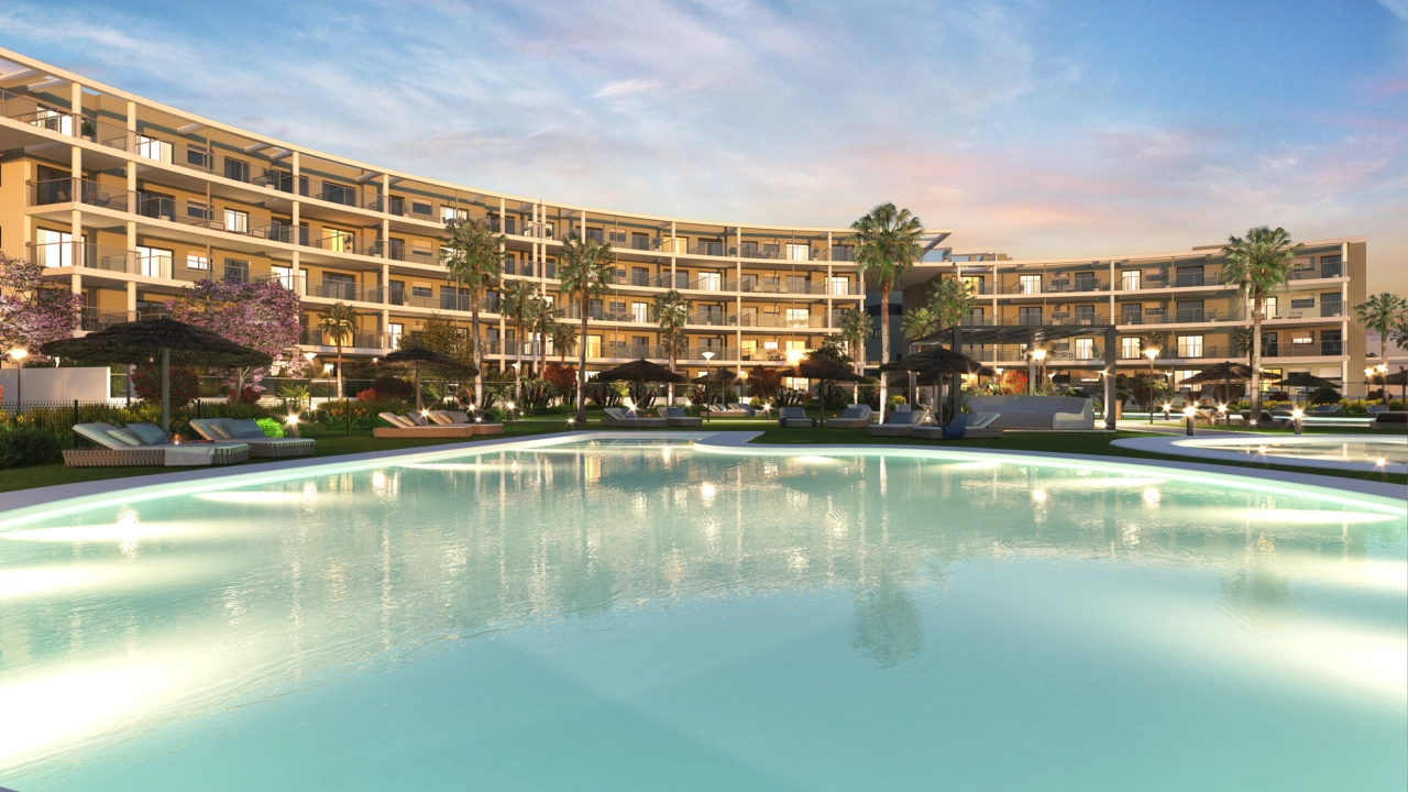 The communal pools are beautifully illuminated in the evening, creating a magical atmosphere for residents.
